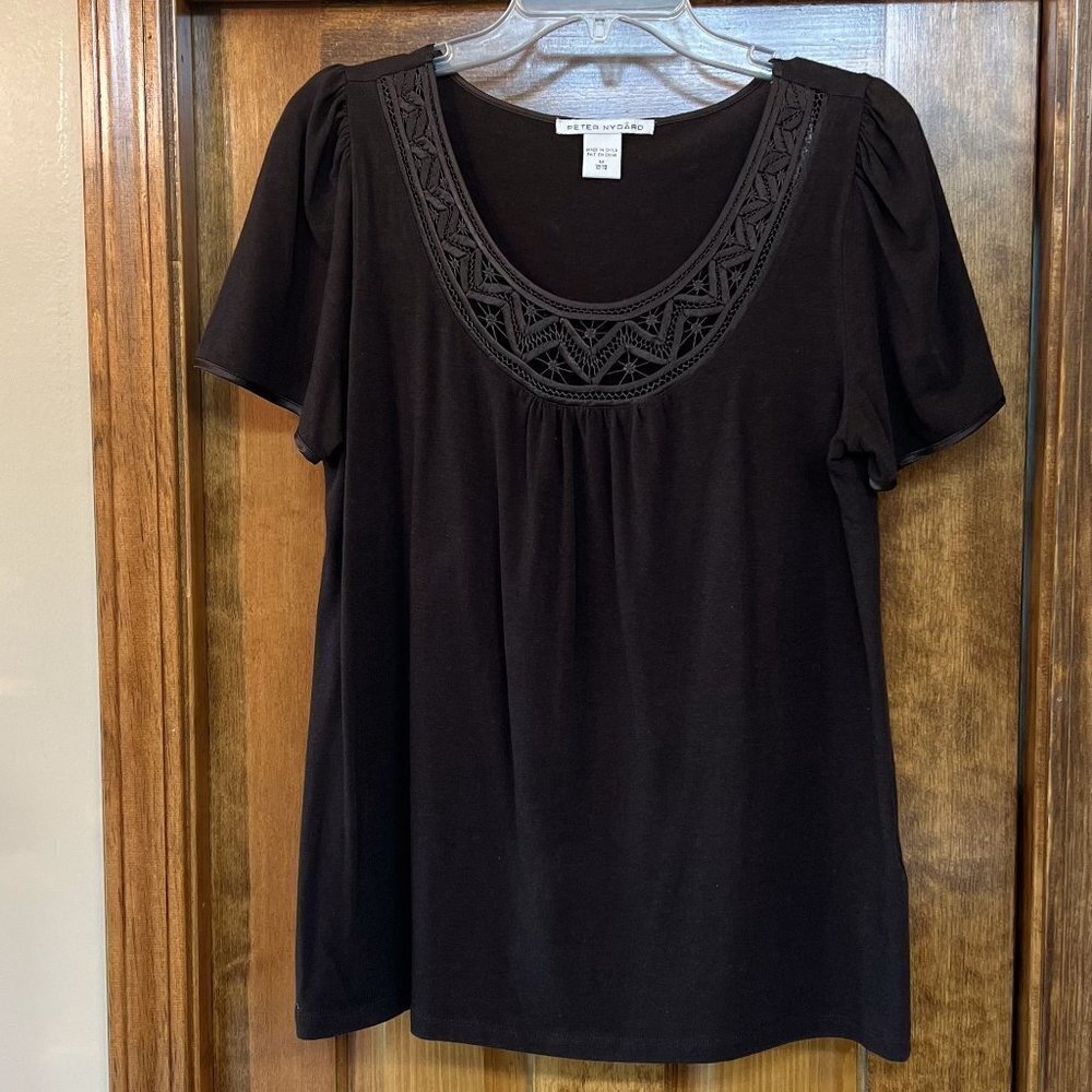 Peter Nygard SS Knit Top Expresso Brown Scoop Neckline Sz M‎ EUC